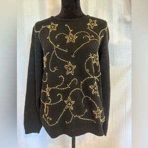 Vintage Cezanne black sweater with gold beaded floral & vine design size Medium